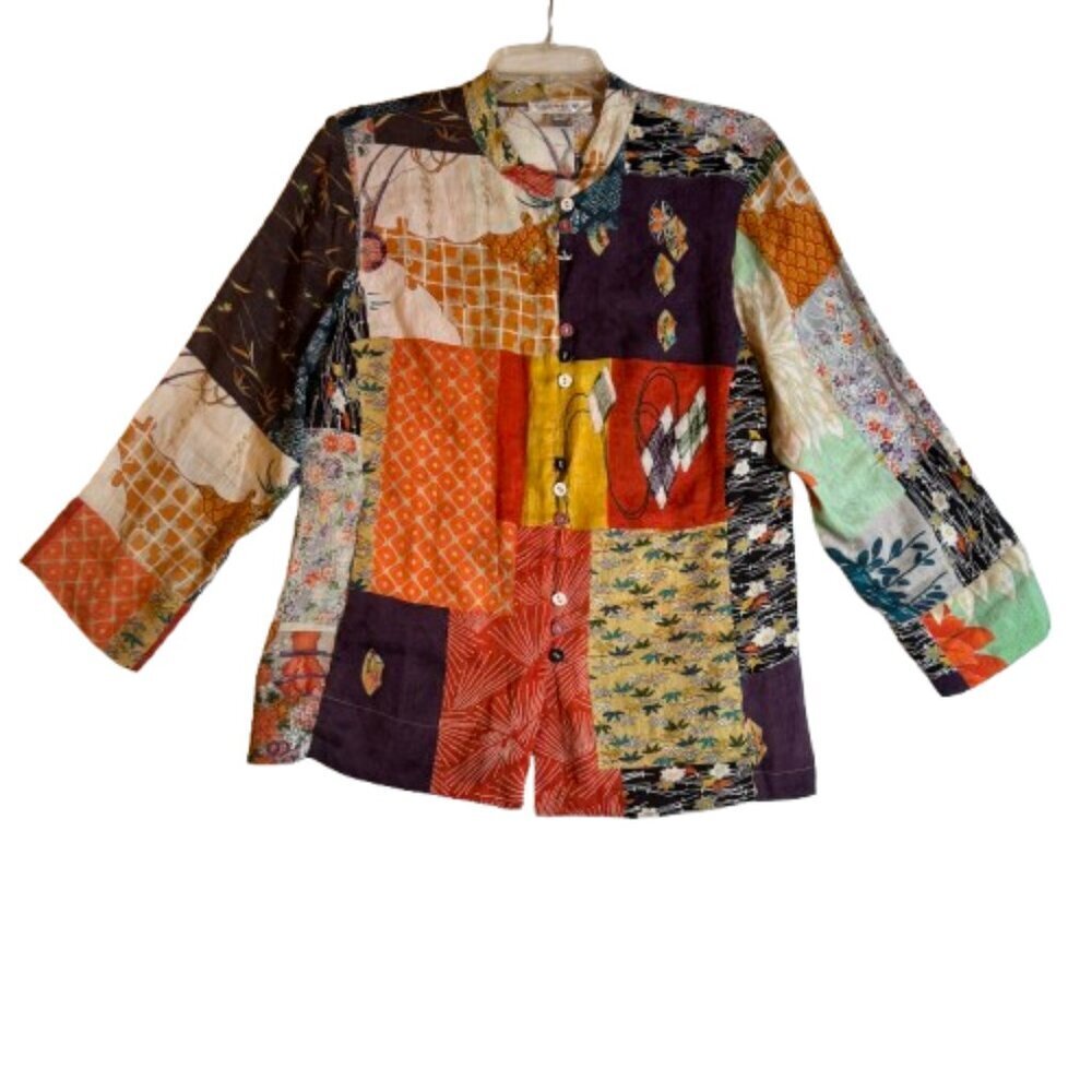 Citron Santa Monica Jacket Patchwork Asian 100% Silk Pockets Floral #2772-8
